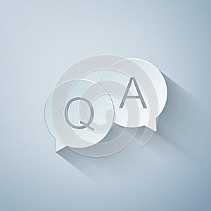 Paper cut Question and Answer mark in speech bubble icon isolated on grey background. Q and A symbol. FAQ sign. Copy