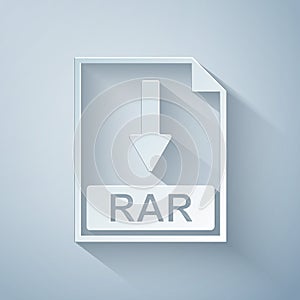 Paper cut RAR file document icon. Download RAR button icon isolated on grey background. Paper art style