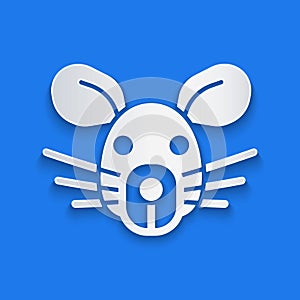 Paper cut Rat head icon isolated on blue background. Mouse sign. Animal symbol. Paper art style. Vector