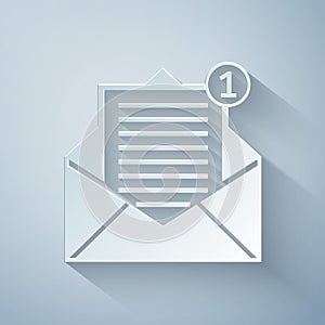 Paper cut Received message concept. Envelope icon isolated on grey background. New, email incoming message, sms. Mail