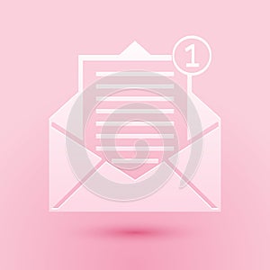 Paper cut Received message concept. Envelope icon isolated on pink background. New, email incoming message, sms. Mail