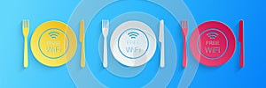 Paper cut Restaurant Free Wi-Fi zone icon isolated on blue background. Plate, fork and knife sign. Paper art style