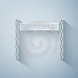Paper cut Ribbon in finishing line icon isolated on grey background. Symbol of finish line. Sport symbol or business