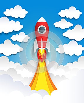 Paper cut rocket. Origami space art, flat cartoon pastel art with clouds and spaceship, polygon spacecraft. Vector paper