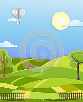 Paper cut of Rural farm landscape with green fields, barn, blue sky and clouds, Vector cartoon Spring or Summer background,Paper