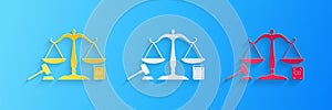 Paper cut Scales of justice, gavel and book icon isolated on blue background. Symbol of law and justice. Concept law