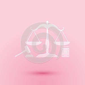 Paper cut Scales of justice, gavel and book icon isolated on pink background. Symbol of law and justice. Concept law