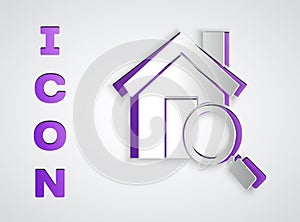 Paper cut Search house icon isolated on grey background. Real estate symbol of a house under magnifying glass. Paper art