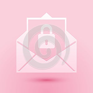 Paper cut Secure mail icon isolated on pink background. Mailing envelope locked with padlock. Paper art style. Vector