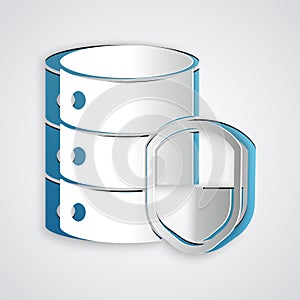 Paper cut Server with shield icon isolated on grey background. Protection against attacks. Network firewall, router