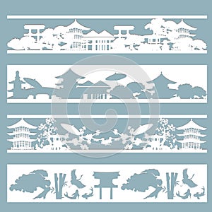 Paper cut set of stencils of Japanese landscapes. Panel for laser cutting. Bookmark set