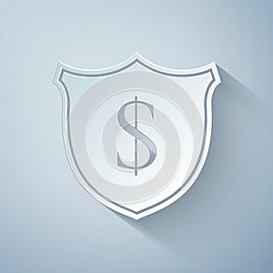 Paper cut Shield and dollar icon isolated on grey background. Security shield protection. Money security concept. Paper