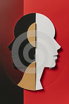 Paper cut silhouette of a human head on a red and black background. Book cover illustration.