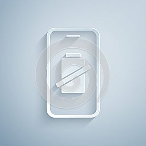 Paper cut Smartphone battery charge icon isolated on grey background. Phone with a low battery charge. Paper art style