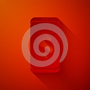 Paper cut Smartphone with dollar symbol icon isolated on red background. Online shopping concept. Financial mobile phone