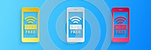 Paper cut Smartphone with free wi-fi wireless connection icon isolated on blue background. Wireless technology, wireless