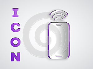 Paper cut Smartphone with free wi-fi wireless connection icon isolated on grey background. Wireless technology, wi-fi