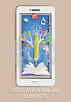 Paper cut smartphone, open book, tree of knowledge, science and school symbols, vector illustration. Online education.