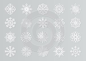 Paper cut snowflakes. White 3D Christmas design templates for decoration and greeting cards. Vector isolated paper snow photo