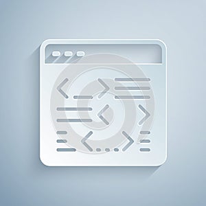 Paper cut Software, web developer programming code icon isolated on grey background. Javascript computer script random