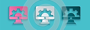 Paper cut Software, web development, programming concept icon isolated on blue background. Programming language and