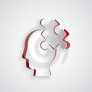 Paper cut Solution to the problem in psychology icon isolated on grey background. Puzzle. Therapy for mental health