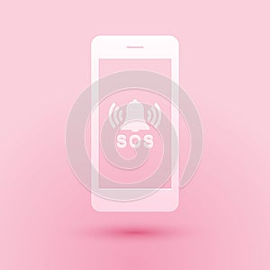 Paper cut SOS call icon isolated on pink background. 911, emergency, help, warning, alarm. Paper art style. Vector