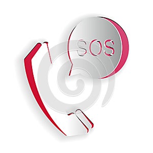 Paper cut SOS call icon isolated on white background. 911, emergency, help, warning, alarm. Paper art style. Vector