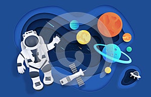 Paper cut space. Cartoon cosmonaut in open space with stars rocket spaceship planets and clouds. Vector astronaut in