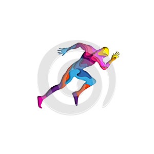 Paper cut sports man running shape 3D origami. Trendy concept fashion design. Vector illustration