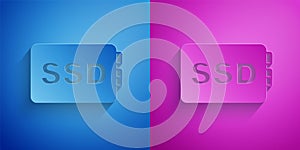Paper cut SSD card icon isolated on blue and purple background. Solid state drive sign. Storage disk symbol. Paper art