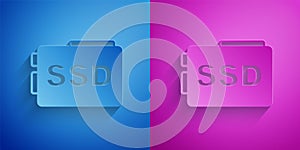 Paper cut SSD card icon isolated on blue and purple background. Solid state drive sign. Storage disk symbol. Paper art