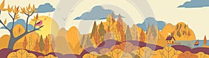 Paper-cut Style Applique Forest Panorama with Small House and Bo