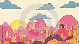 Paper-cut Style Applique Forest with Small House - Vector Illustration.