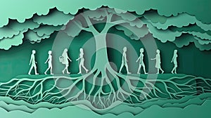 Paper-cut style green tree with human evolution silhouettes, depicting the progress of life.