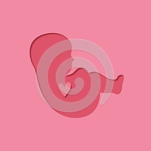 Paper cut style. Human embryo with heart inside. Baby in the womb with love. Stylish logo for a prenatal or reproductive