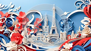 Paper cut style illustration of iconic tourist landmarks of Paris city. Generative AI