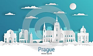 Paper cut style Prague city, white color paper