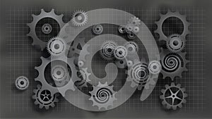 Paper cut style realistic black gears and cogs on gray blueprint chalkboard background