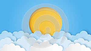Paper cut style of sun with cloud on blue sky. Summer day concept.  Vector illustration