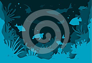 Paper cut style underwater deep sea background with fishes and coral reefs vector illustration texture photo