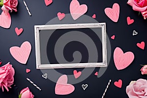 Paper cut style of valentine day concept frame with heart and flower background