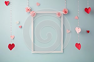 Paper cut style of valentine day concept frame with heart and flower background