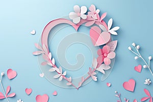 Paper cut style of valentine day concept frame with heart and flower background