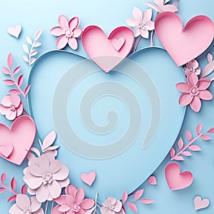 Paper cut style of valentine day concept frame with heart and flower background
