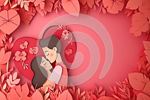 Paper cut style of valentine day concept frame with heart and flower background