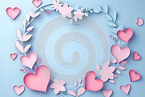 Paper cut style of valentine day concept frame with heart and flower background