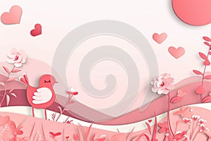 Paper cut style of valentine day concept frame with heart and flower background