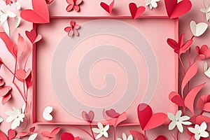 Paper cut style of valentine day concept frame with heart and flower background