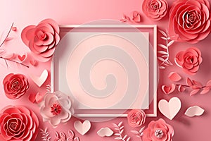 Paper cut style of valentine day concept frame with heart and flower background